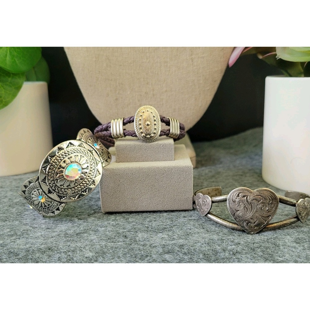 Southwestern Western Bracelet Lot 3 Cuff Heart Crystal Braided Statement
